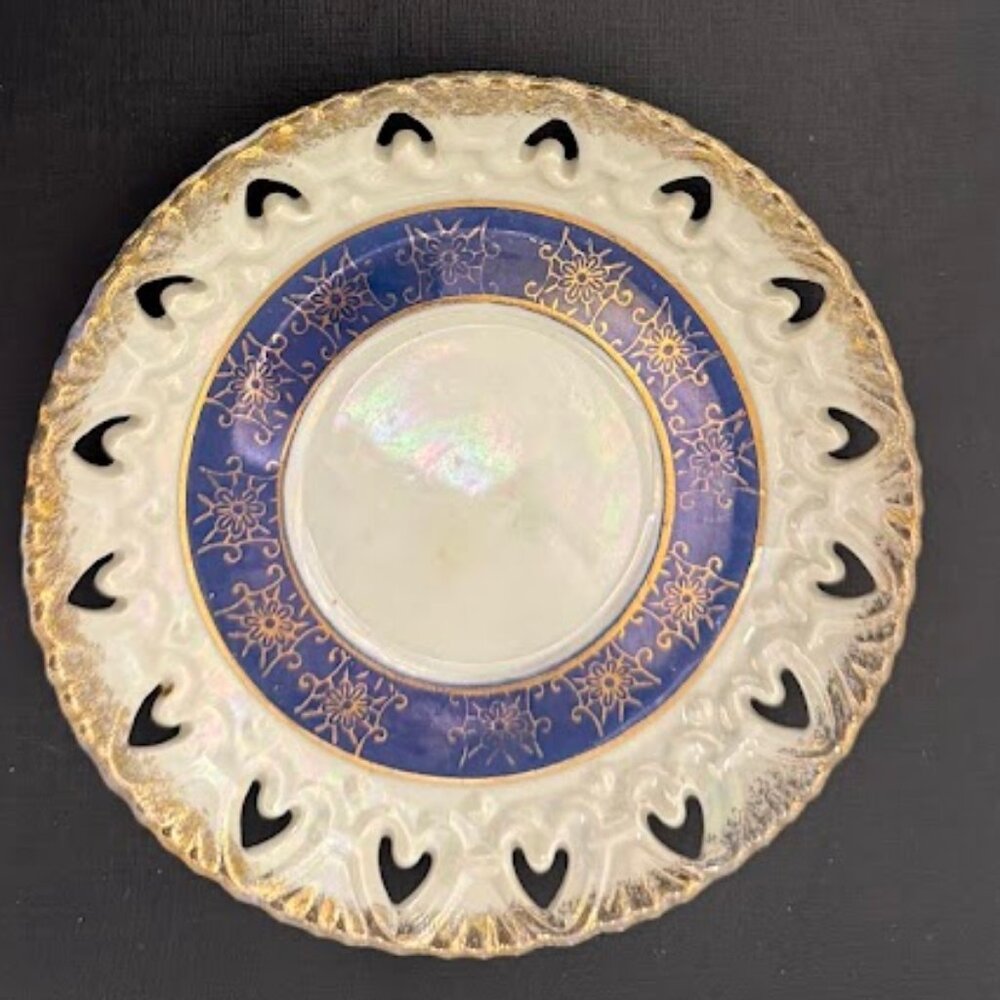 Set of 2 Vintage 6" Iridescent China Saucers Blue & White w/ Gold Trim